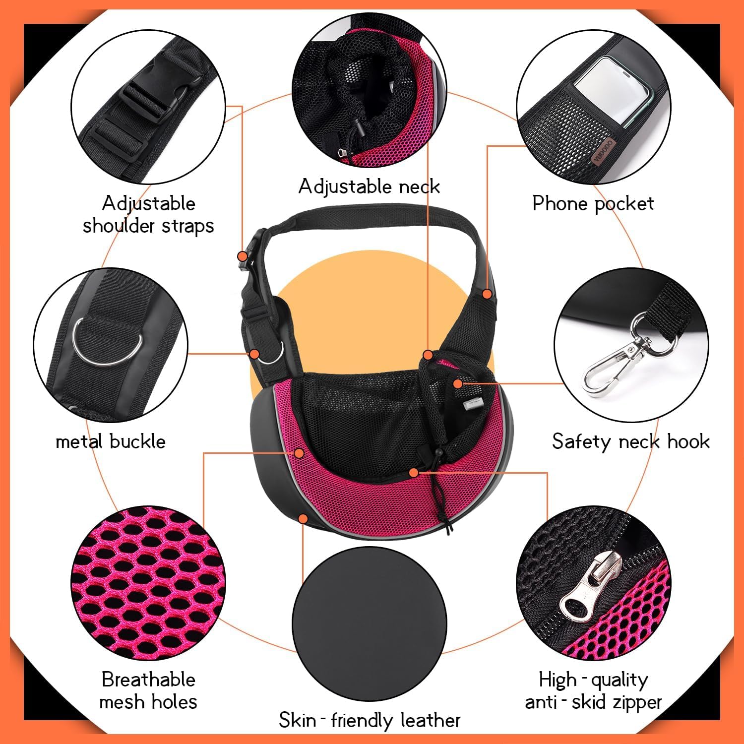 YUDODO pet sling with adjustable shoulder strap for a custom fit.