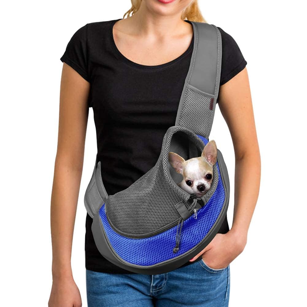 YUDODO pet sling blue front view—hands-free travel for small dogs or cats.