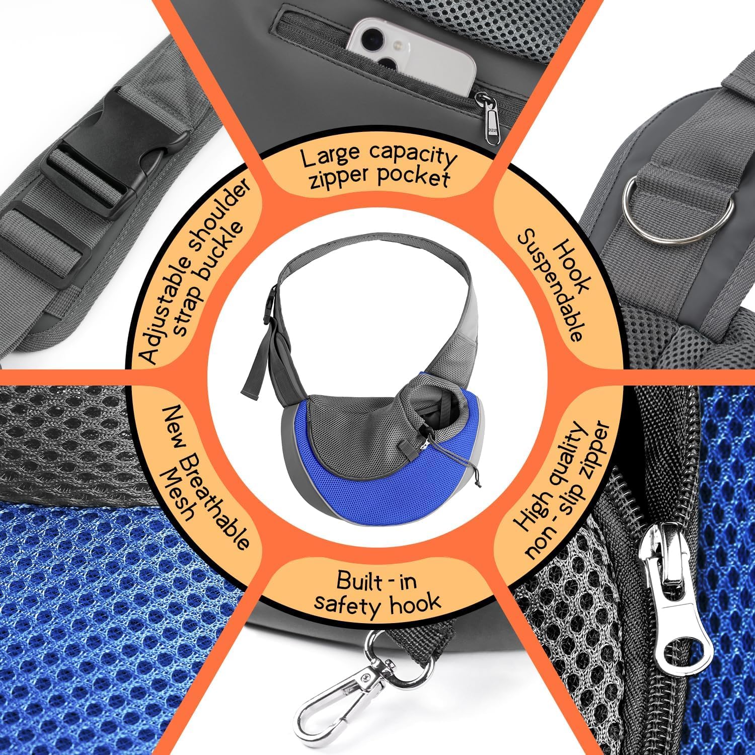 YUDODO pet sling blue safety features with hook and reflective strip.