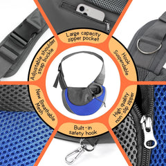 YUDODO pet sling blue safety features with hook and reflective strip.