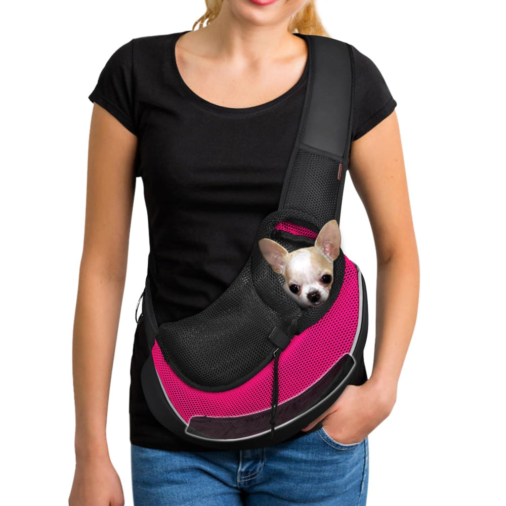 YUDODO pet sling showing breathable mesh in pink for comfortable carrying.