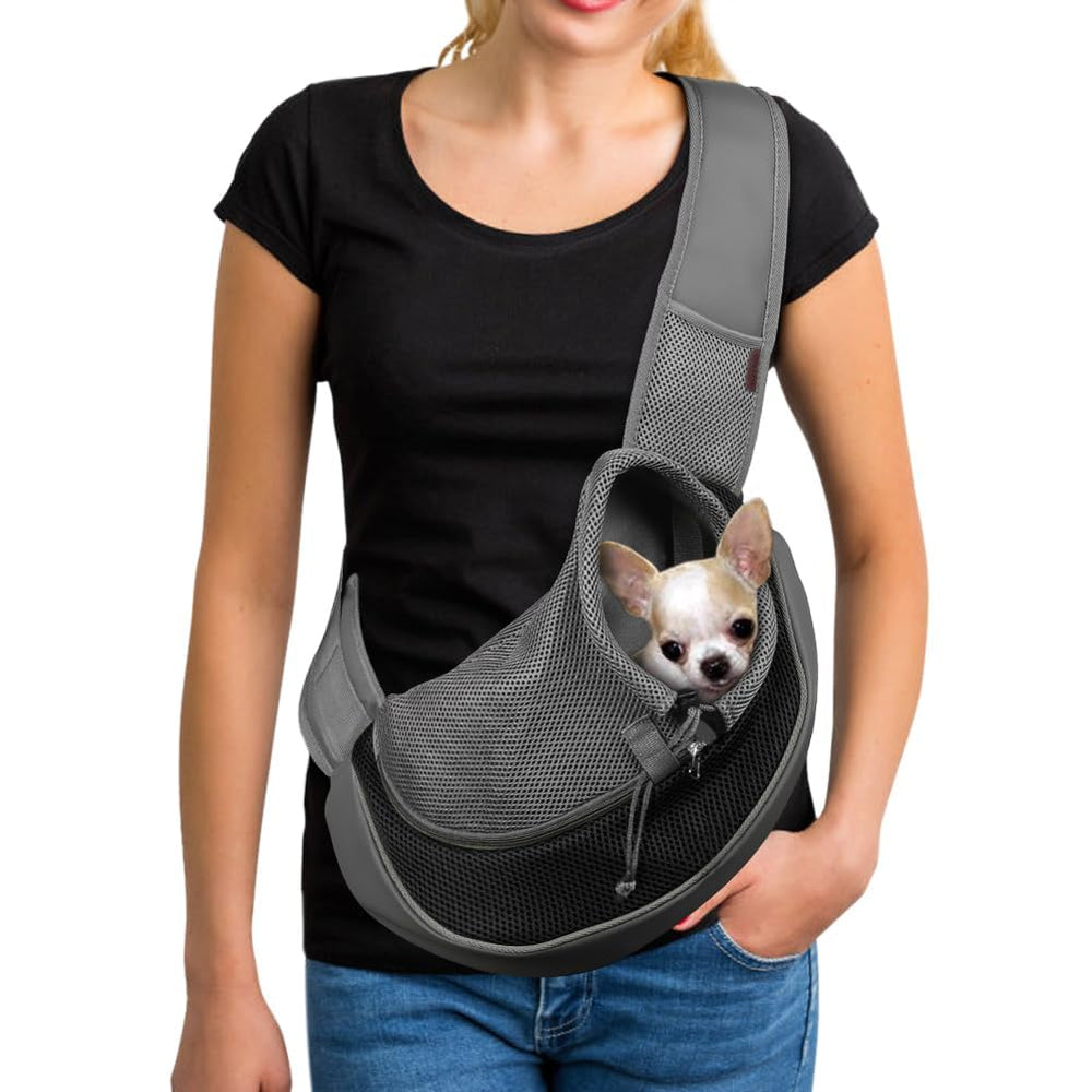 YUDODO Pet Sling Carrier black front view showing hands-free design for city strolls.