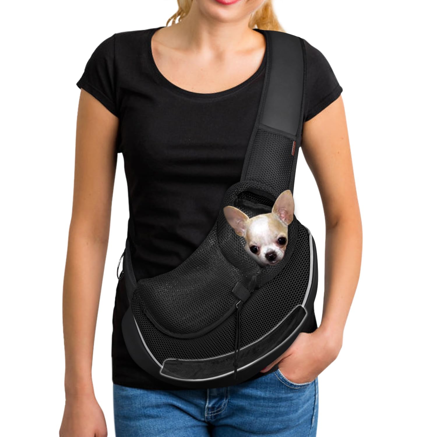 YUDODO Pet Sling Carrier in black side view for hands-free outings with small pets.
