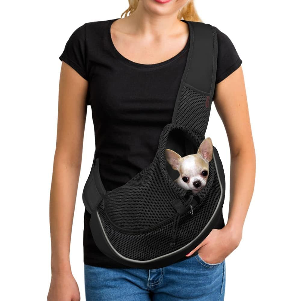 YUDODO pet sling carrier close-up shows safety buckle for secure small pet transport