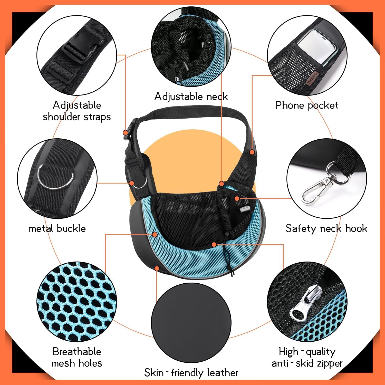 YUDODO pet sling carrier cyan reflective stripe on strap