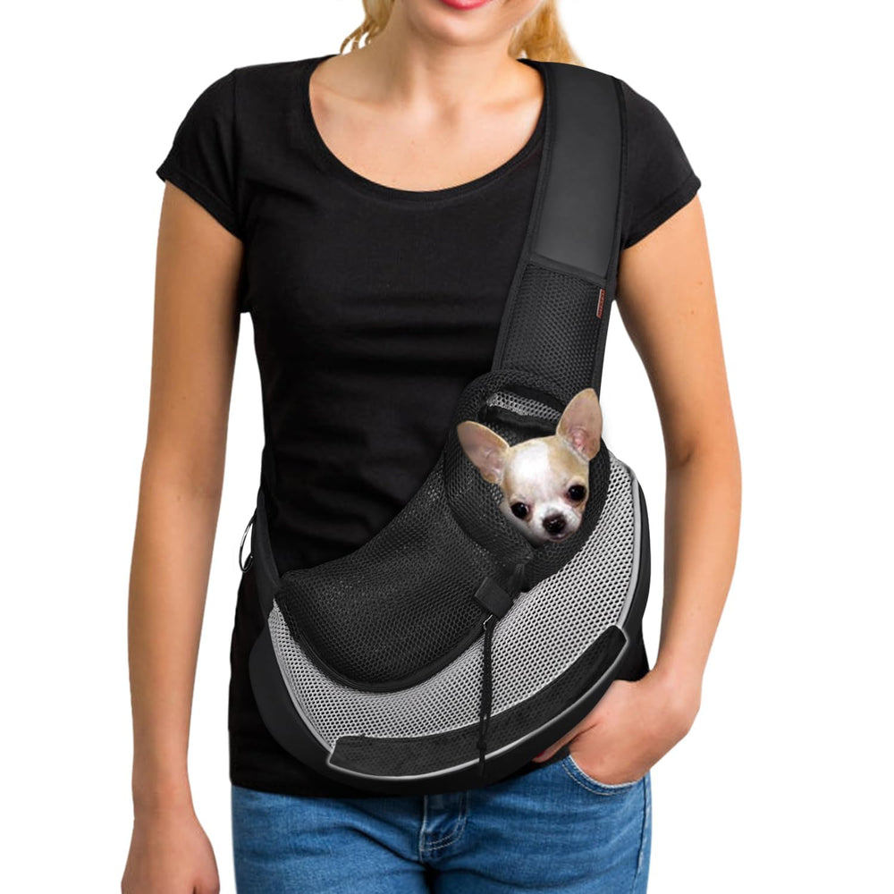 YUDODO pet sling carrier gray close-up buckle showing secure closure for safety.