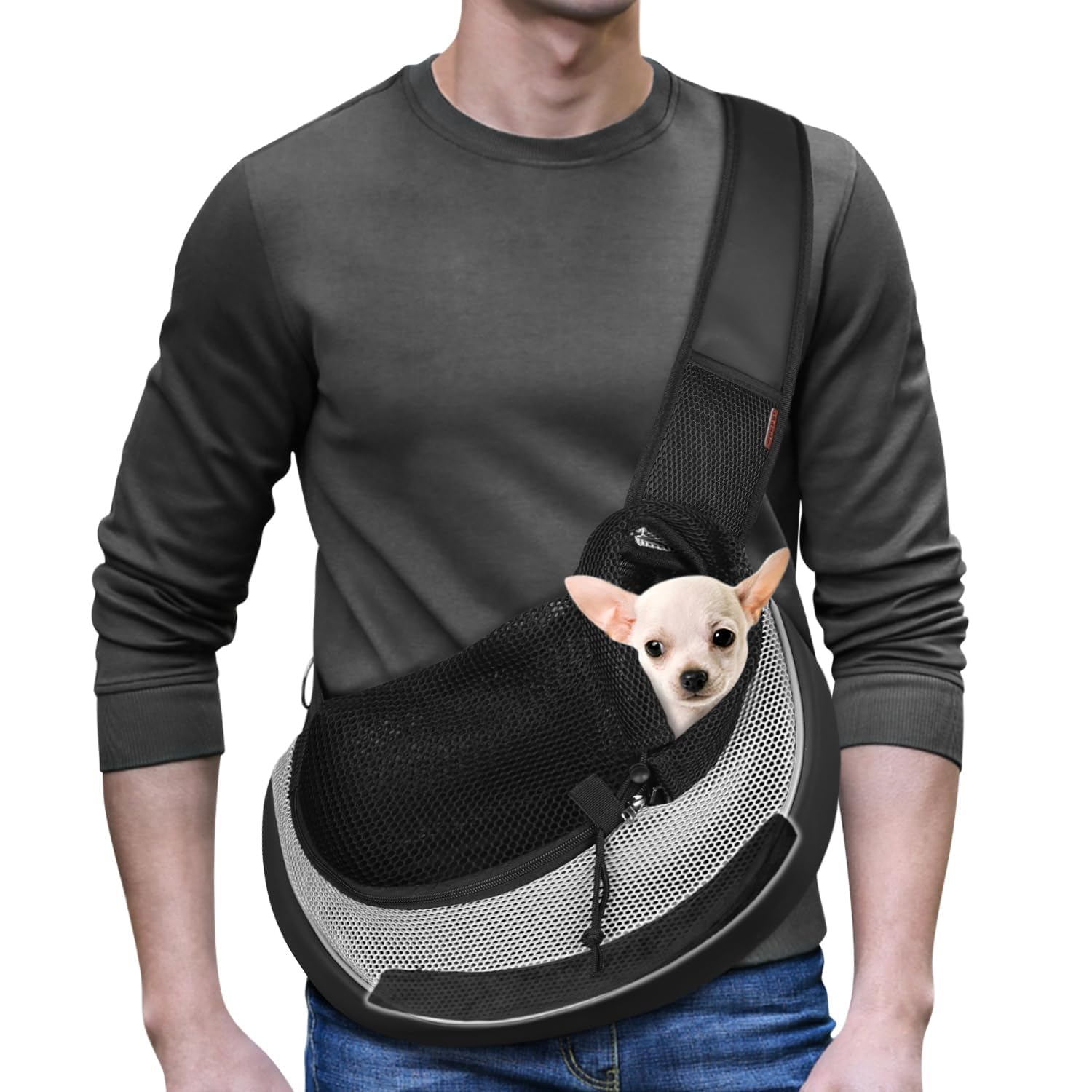YUDODO pet sling carrier gray outdoor use during hiking or park trips.