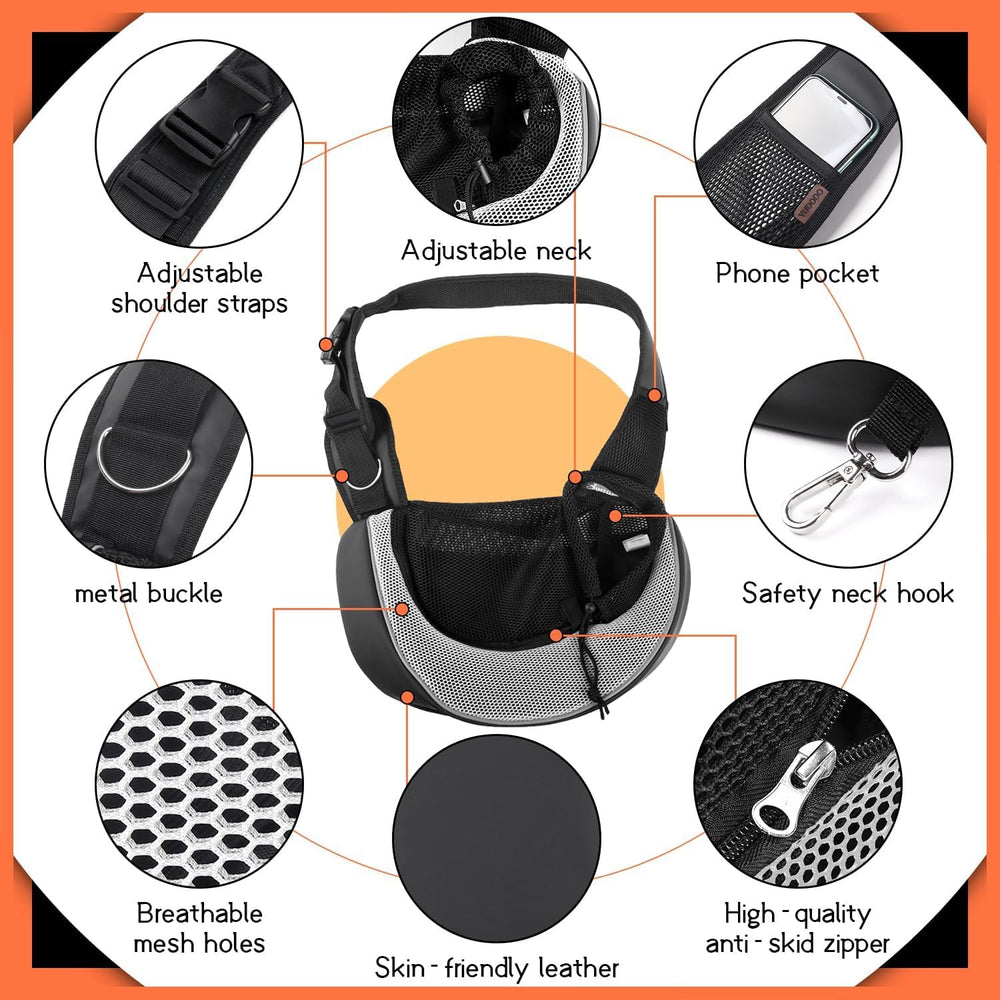 YUDODO pet sling carrier gray safety buckle emphasizes escape prevention during outings.