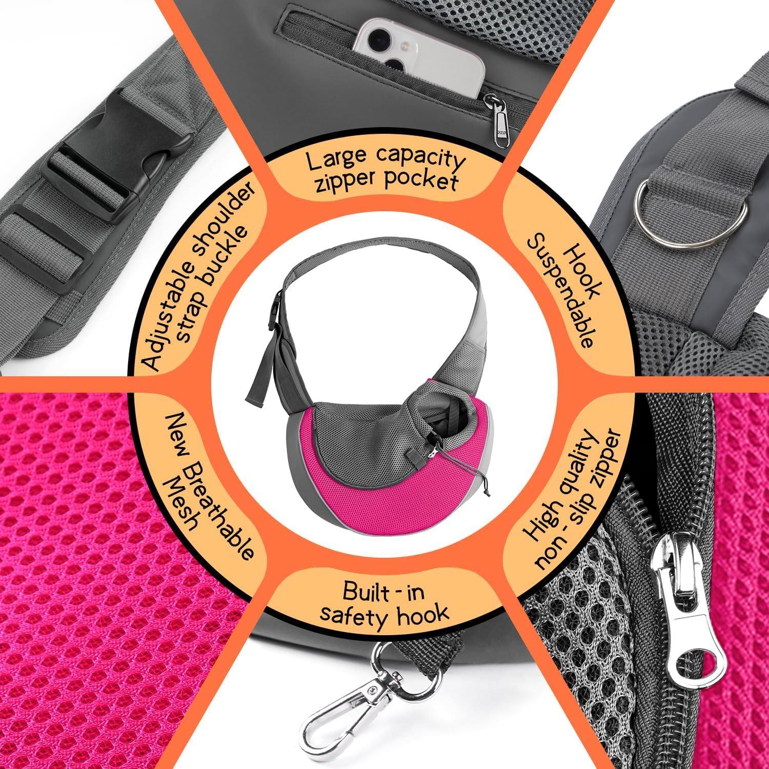 YUDODO pet sling carrier large zipper pocket stores essentials while you go.