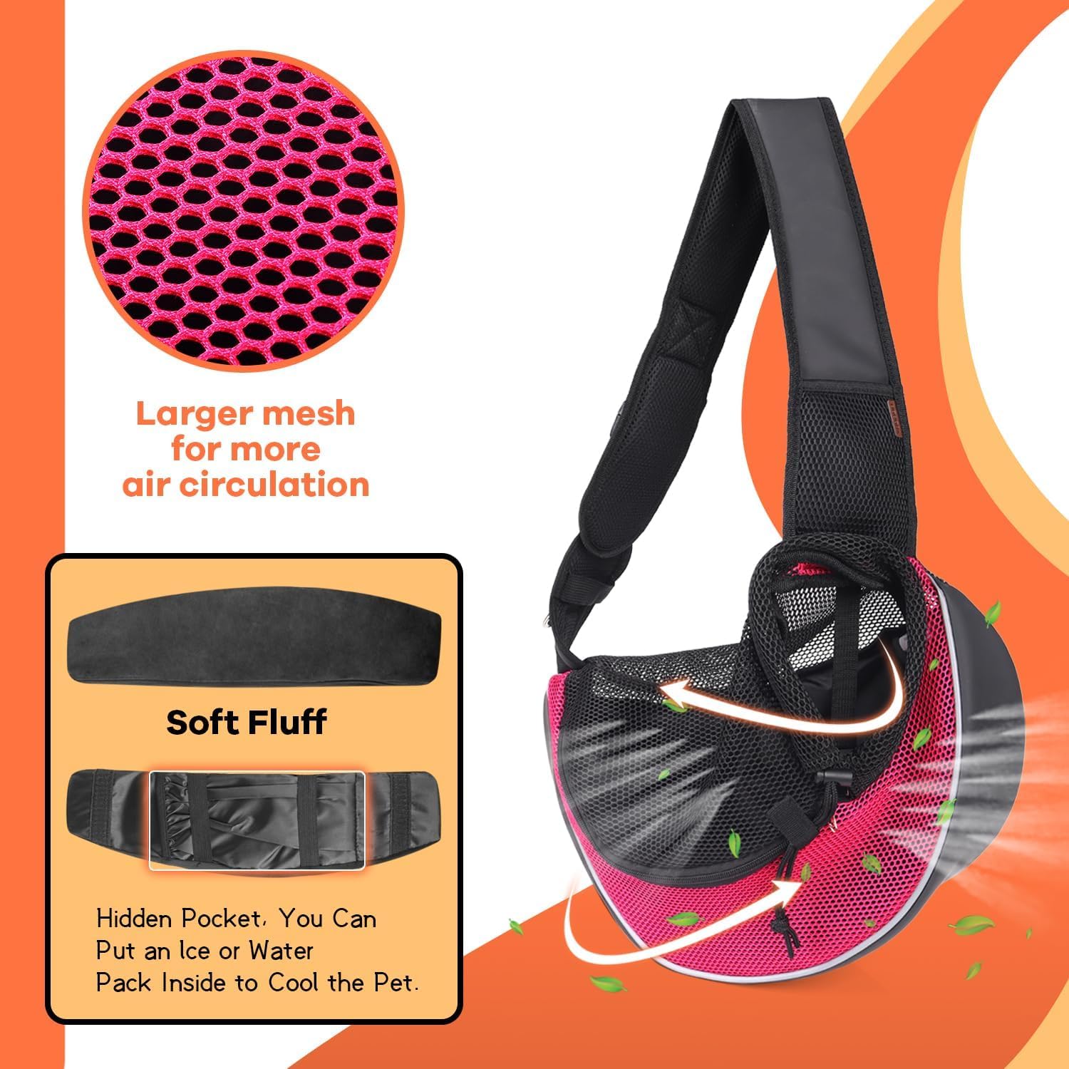 YUDODO pet sling carrier pink reflective strip improves visibility at night.