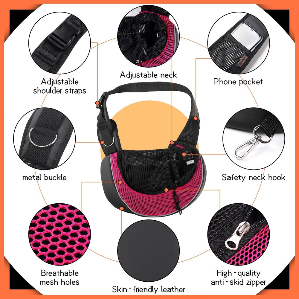 YUDODO pet sling carrier pink safety buckle helps prevent escapes during strolls.