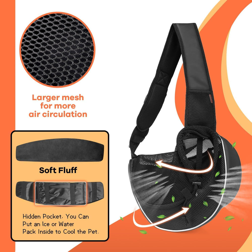 YUDODO Pet Sling Carrier reflective strip on for night time visibility.