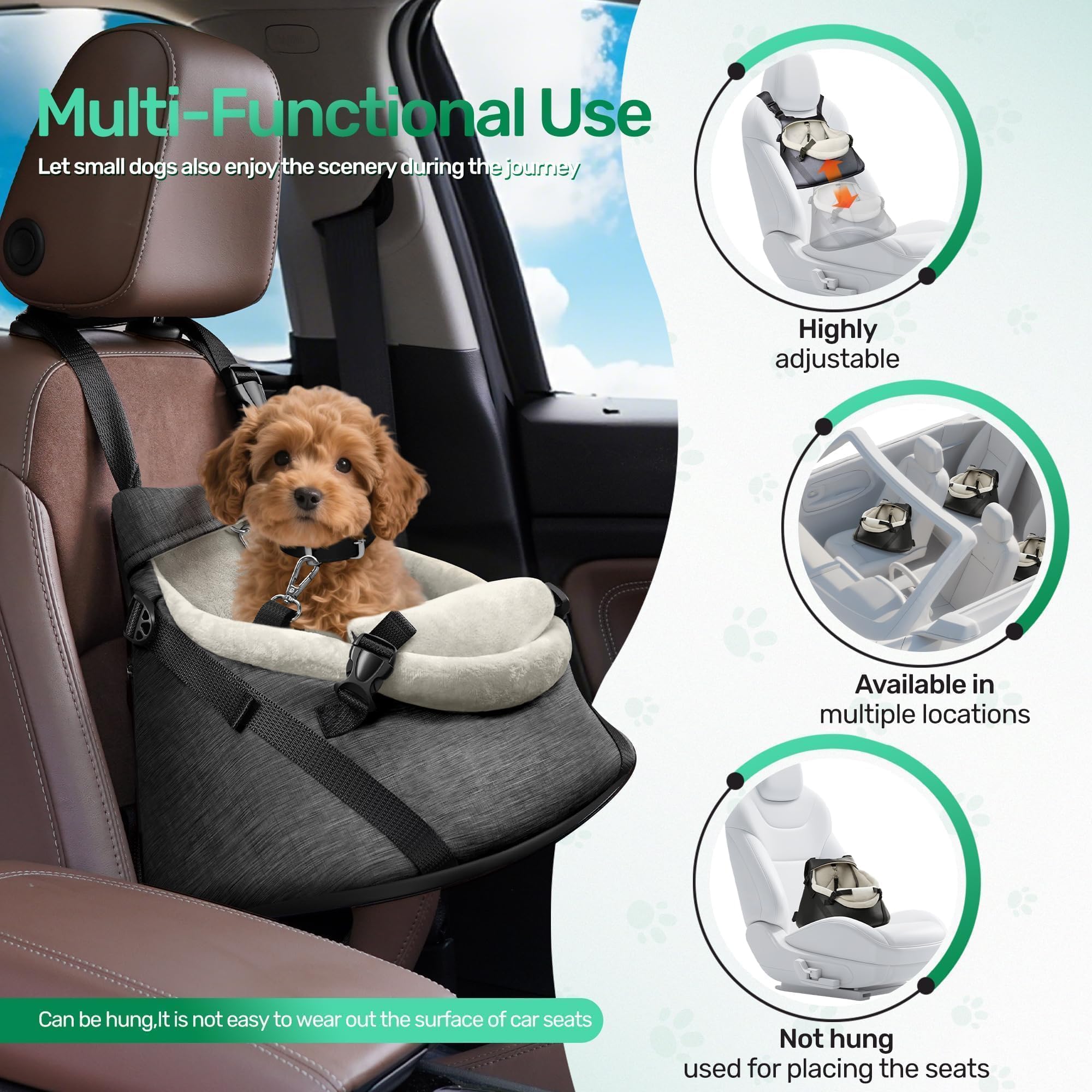 YUDODO booster with straps rear view shows secure D-buckle and leash for travel safety