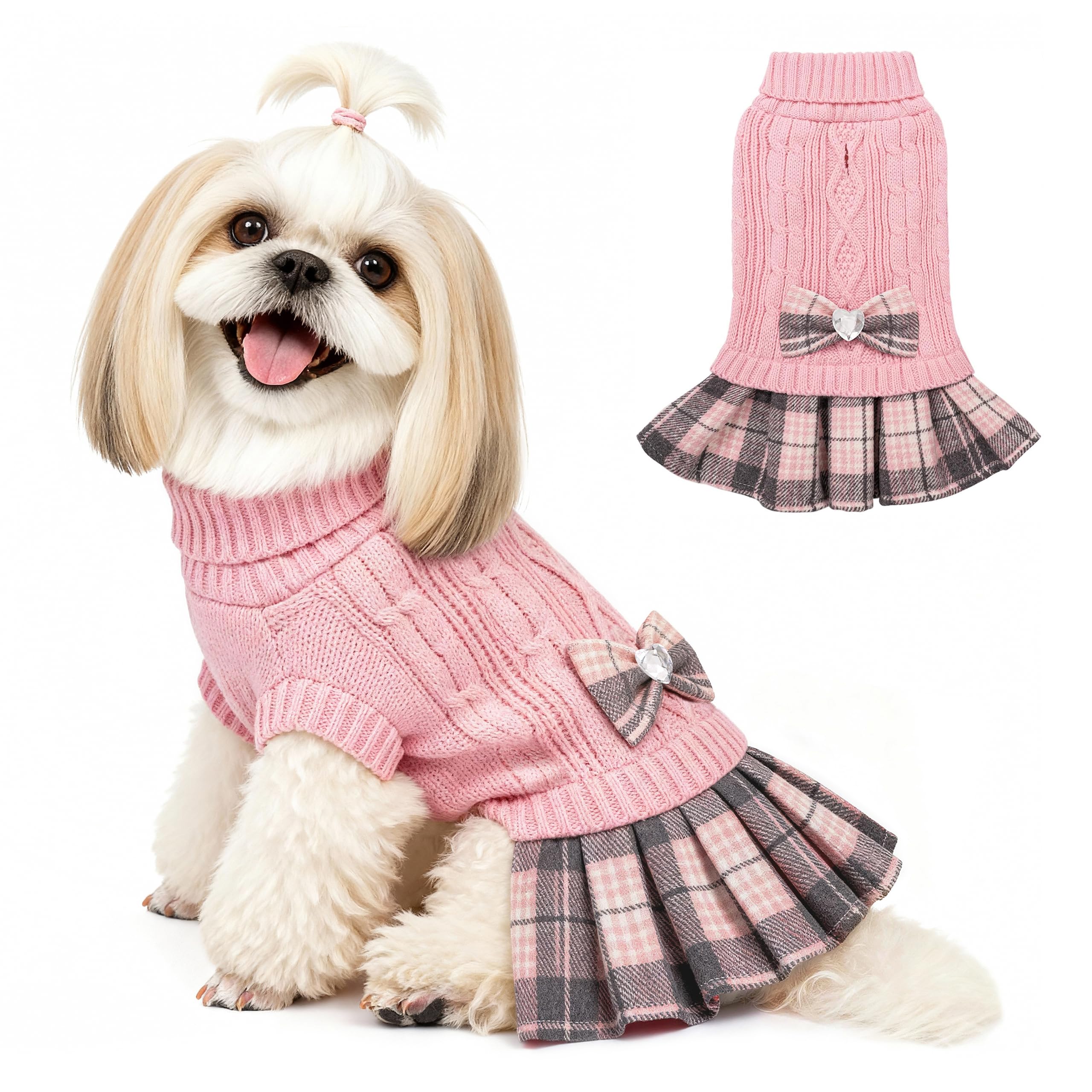 YUDODO small dog sweater dress bow turtleneck pink front view offers cozy winter warmth.