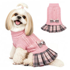 YUDODO small dog sweater dress bow turtleneck pink front view offers cozy winter warmth.