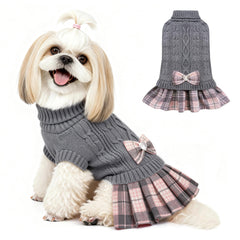YUDODO small dog sweater dress bowtie front view showing warm knit and bow detail for winter walks