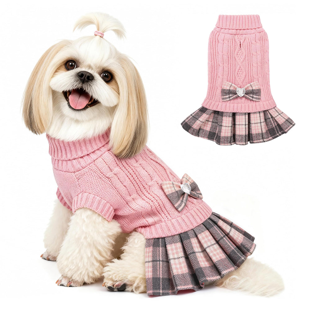 YUDODO small dog sweater dress with bowtie pink front view for winter strolls