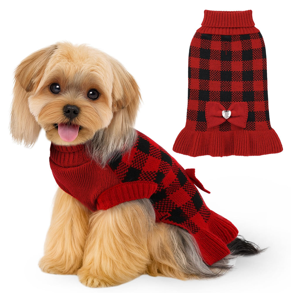 YUDODO small dog sweater dress with bowtie close-up for festive warmth.