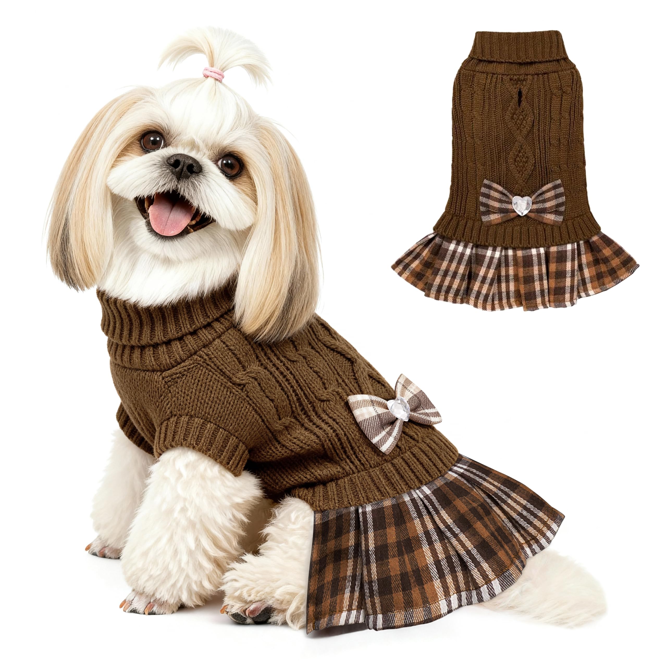 YUDODO small dog sweater dress with bowtie on a brown puppy for cozy warmth.