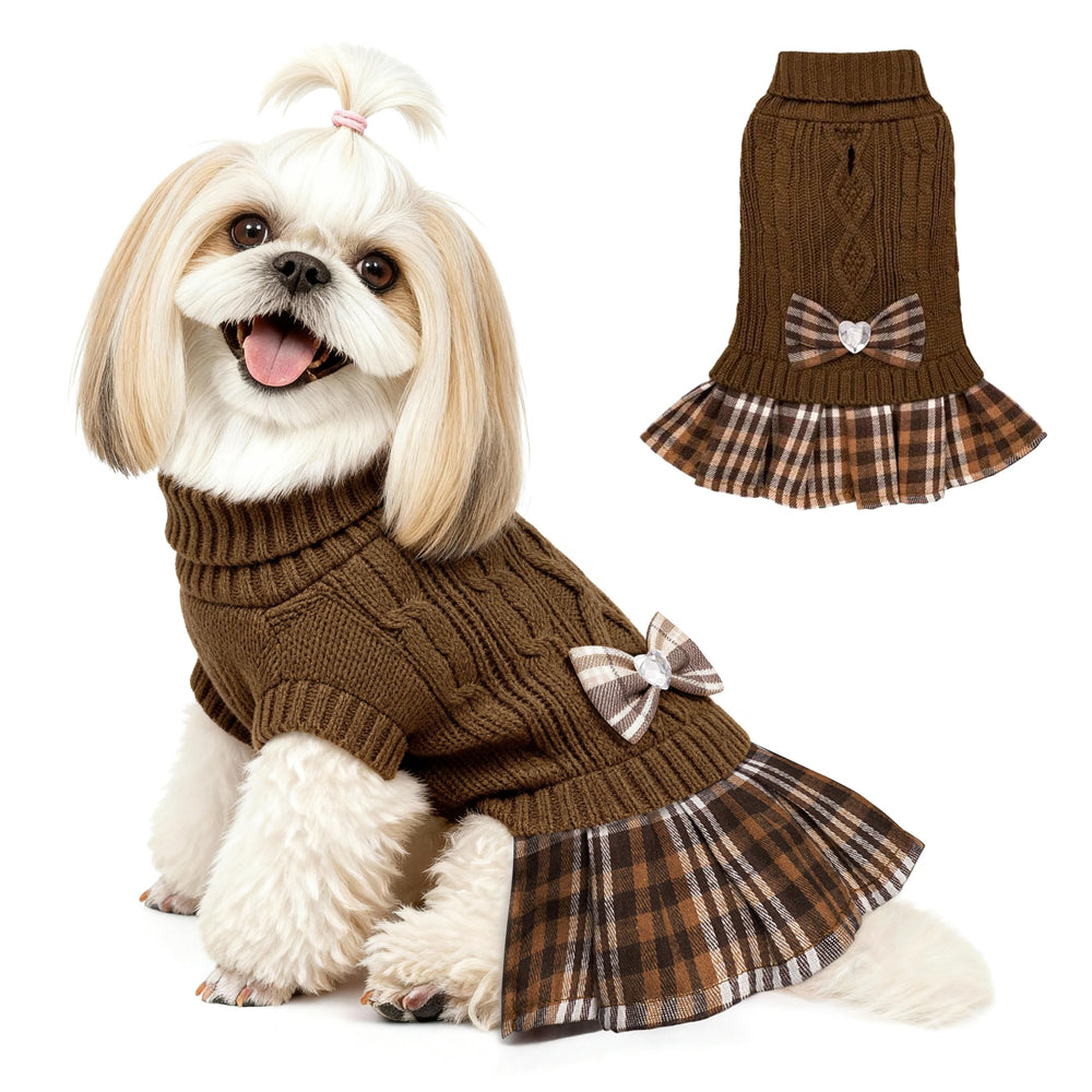 YUDODO small dog sweater dress, front view in brown, boosts cozy warmth on walks.
