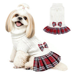 YUDODO small dog sweater dress with bowtie in white, front view for warm winter outings.