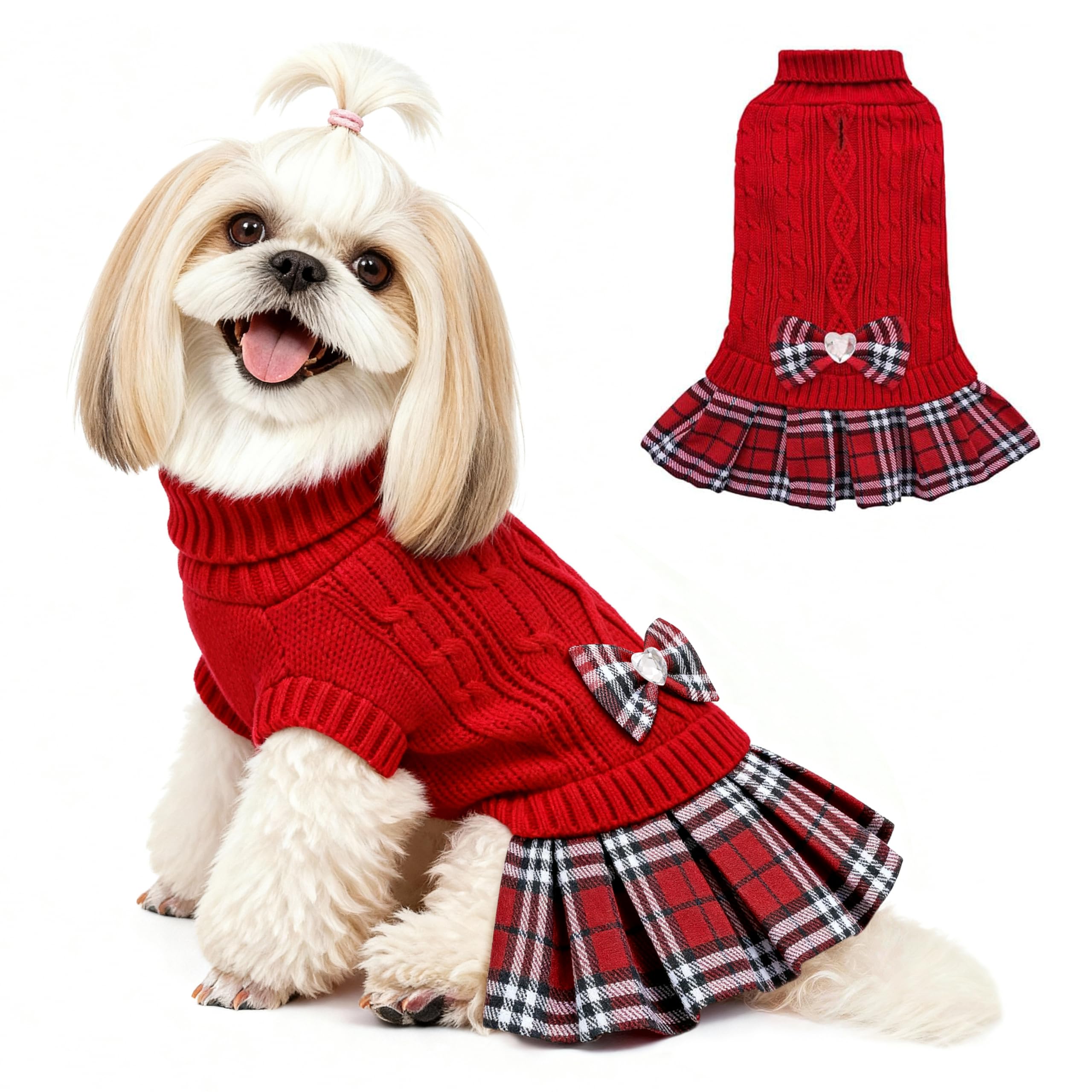 YUDODO small dog sweater dress with bow red front view for warmth