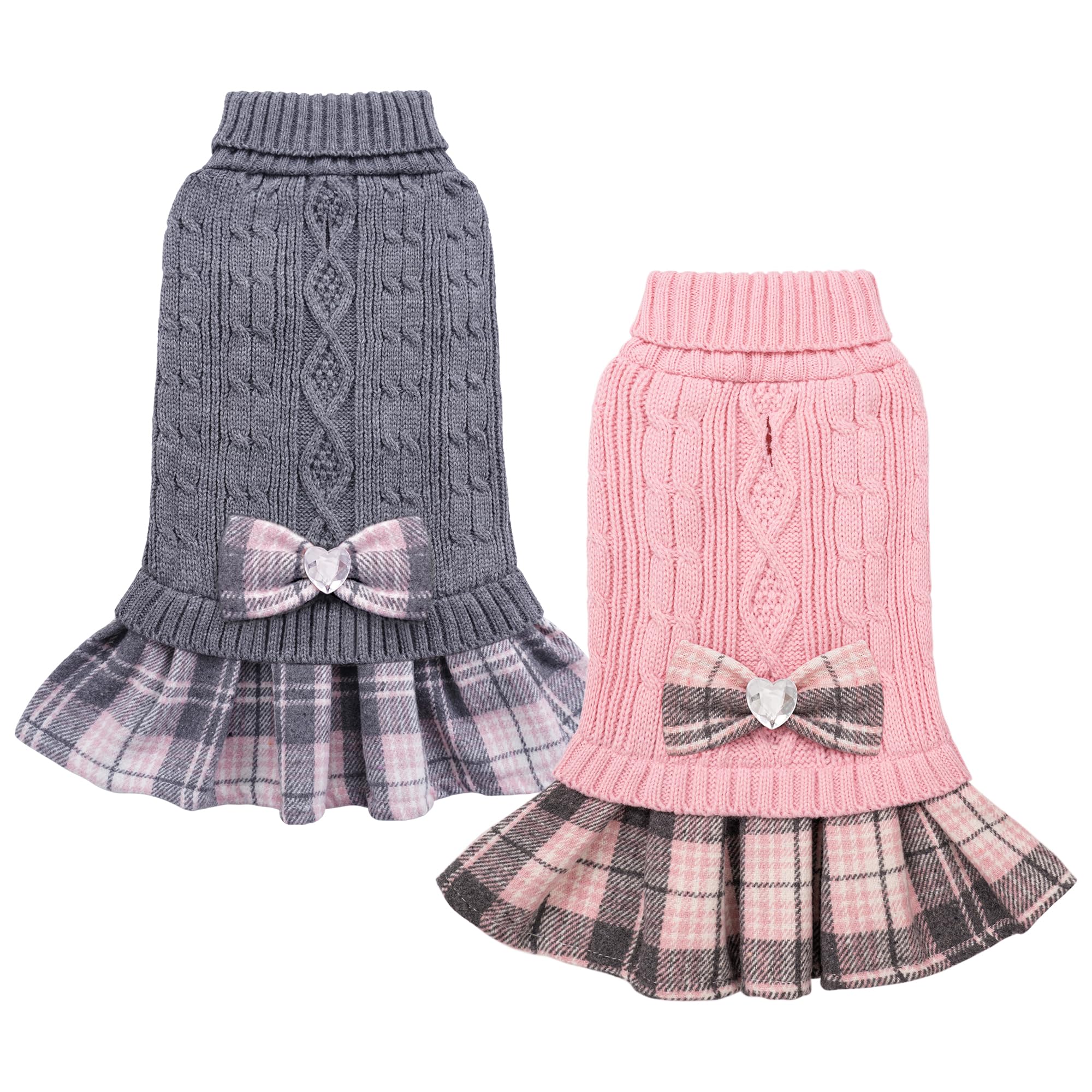 YUDODO sweater dress with bowtie front view for small dogs, cozy knit warmth.