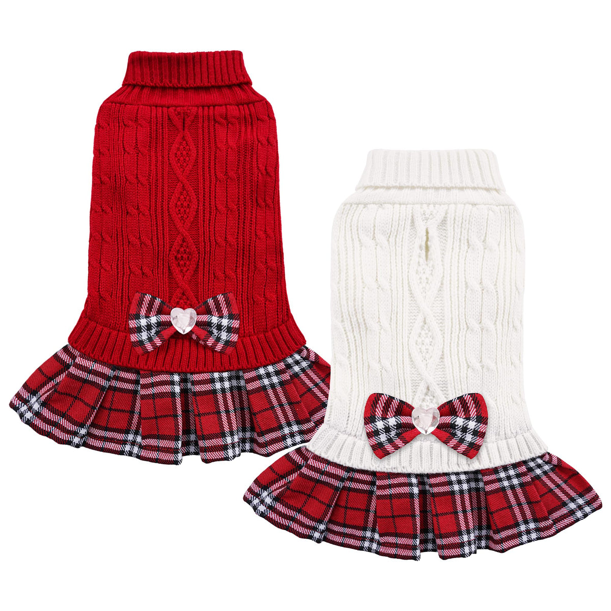YUDODO two-pack dog sweater dress with bowtie in red and white for chilly walks
