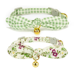 YUDOTE Bowtie Cat Collar floral green strap closeup, soft cotton comfort.