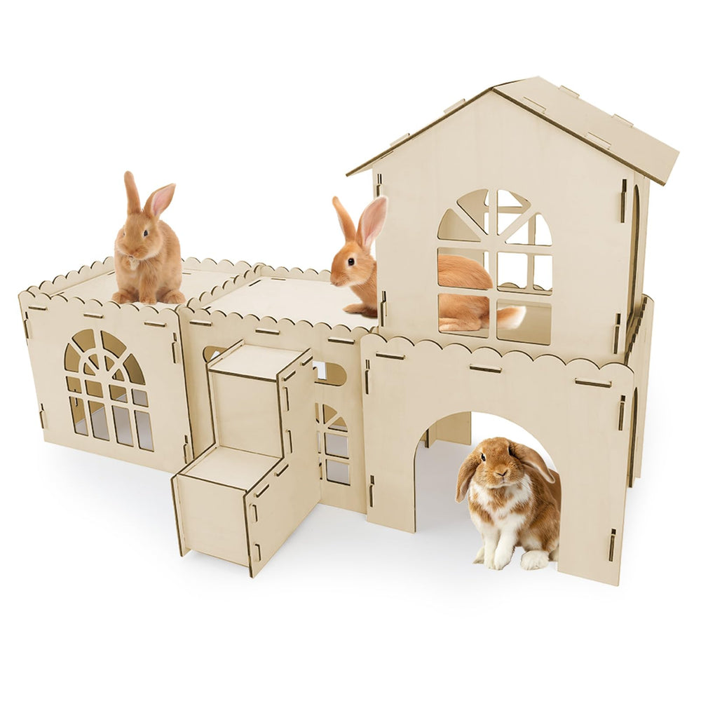 YUEPET extra-large wooden bunny castle overview with multi-hideouts for shared play