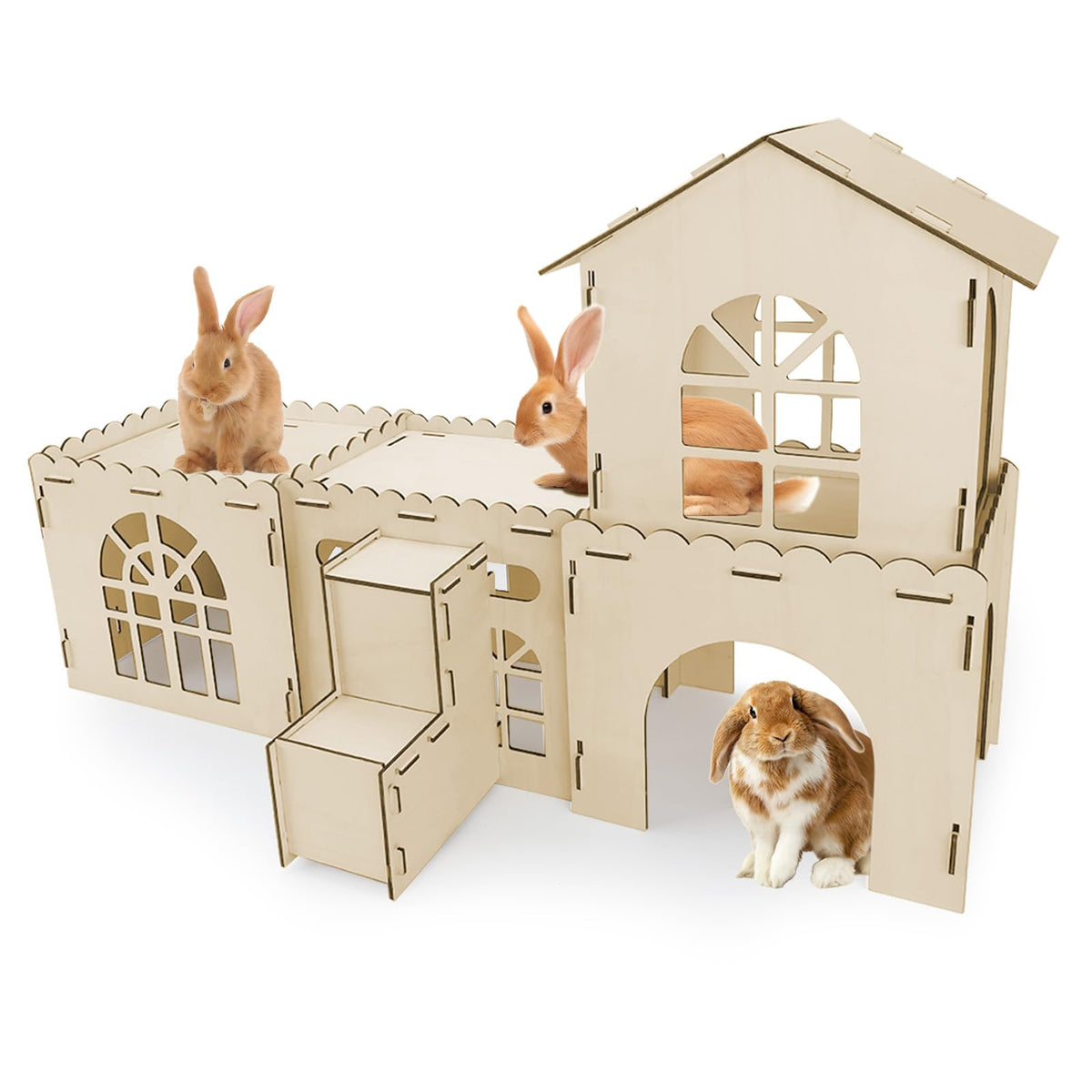 YUEPET extra-large wooden bunny castle overview with multi-hideouts for shared play