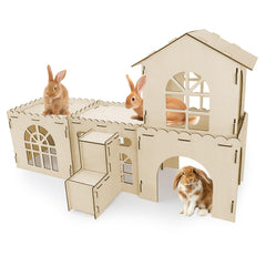 YUEPET extra-large wooden bunny castle overview with multi-hideouts for shared play