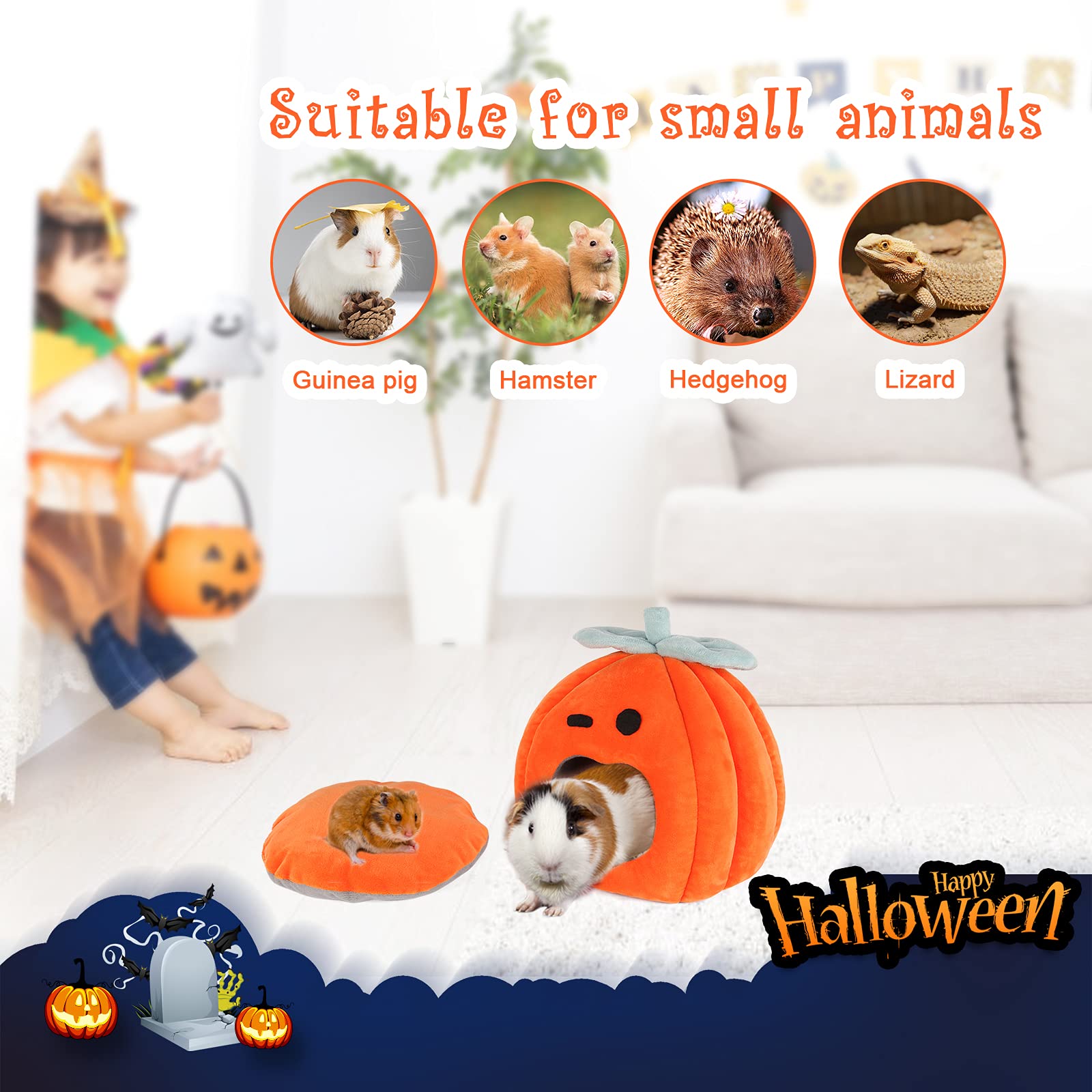 YUEPET guinea pig bed cave pumpkin design with non-skid bottom stays steady.
