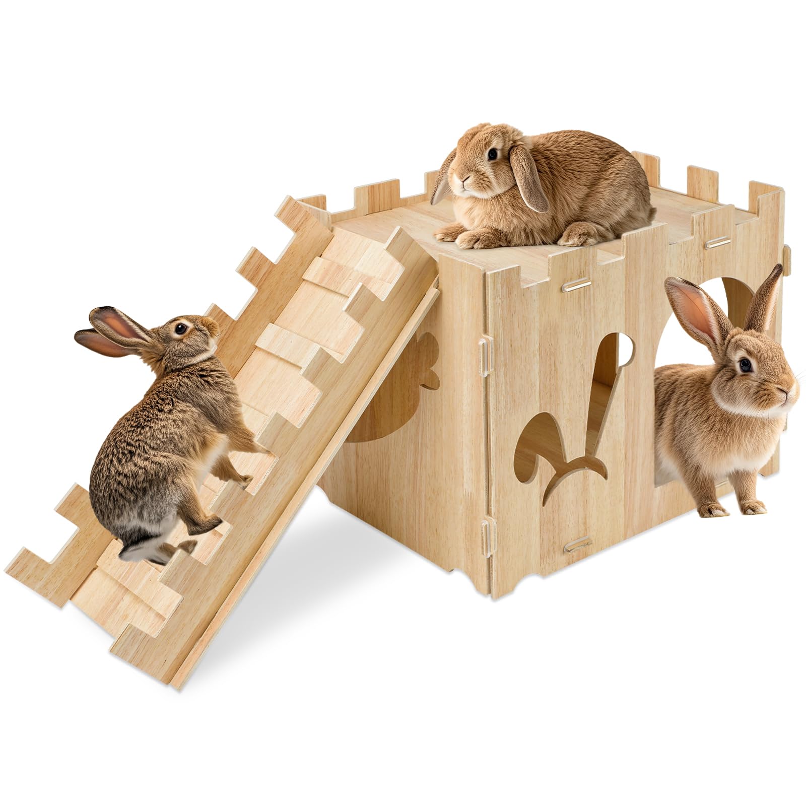 YUEPET large wooden rabbit castle front view for cozy hideaway and play
