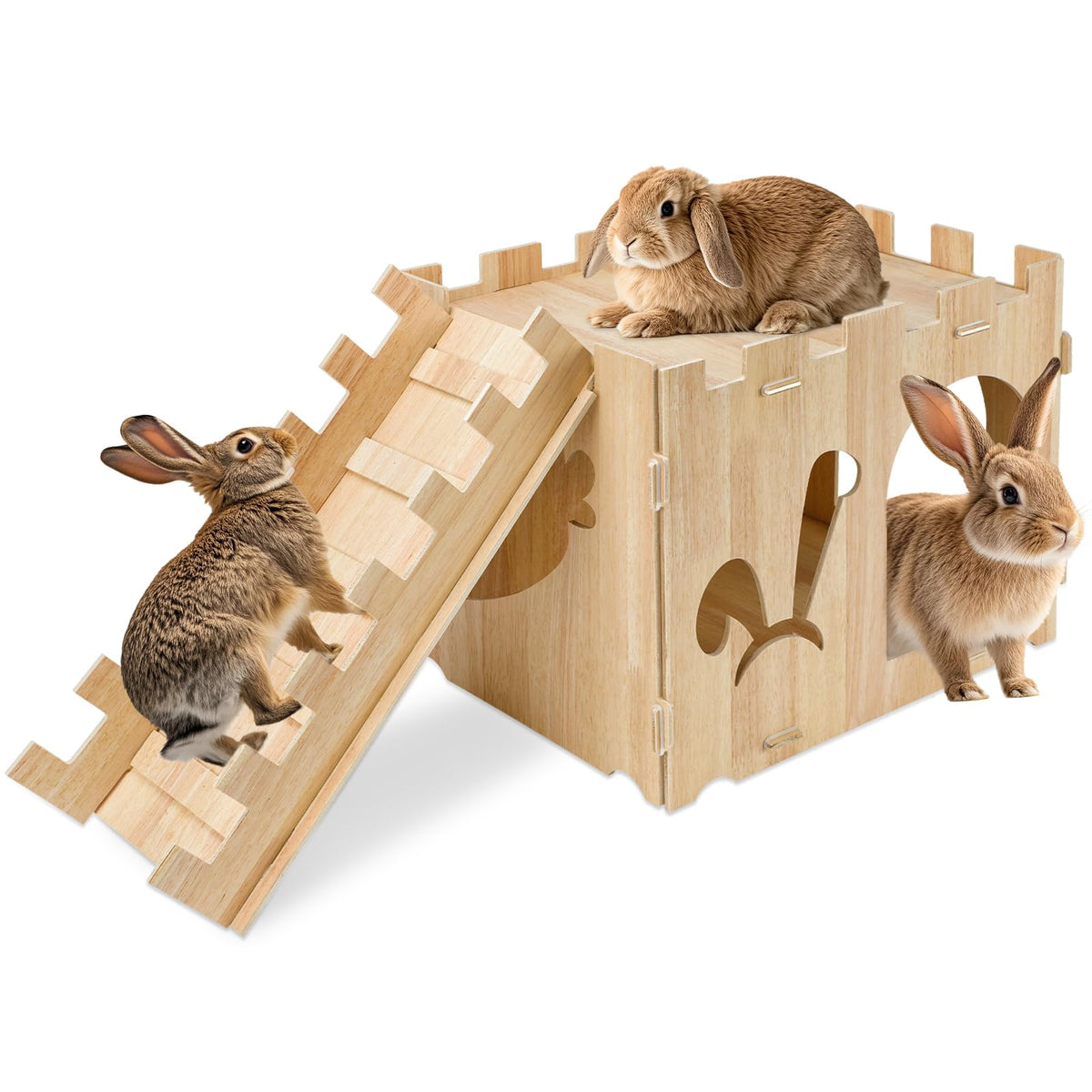 YUEPET large wooden rabbit castle front view for cozy hideaway and play