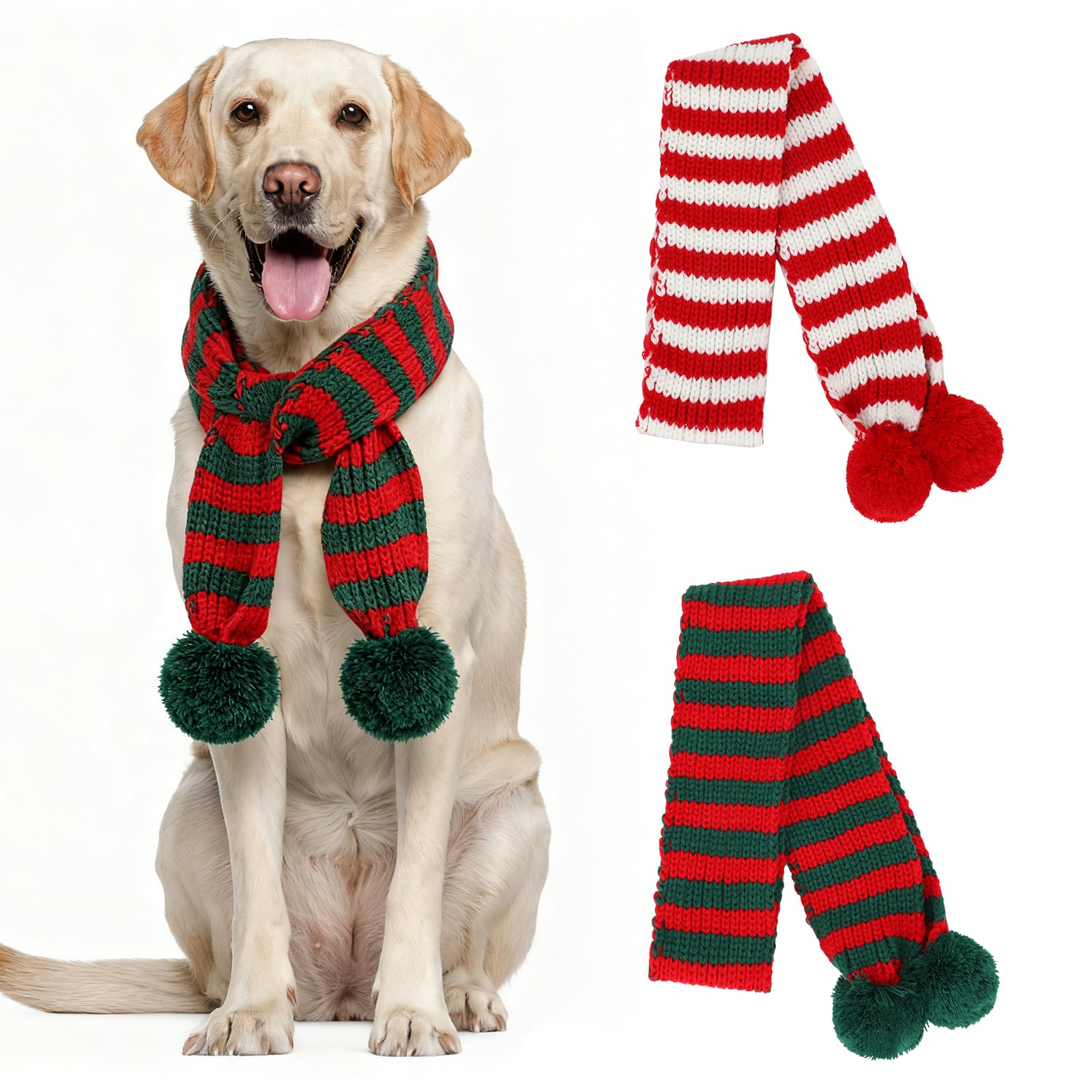 YUEPET striped knitted dog scarf with red and green pom-poms for warmth