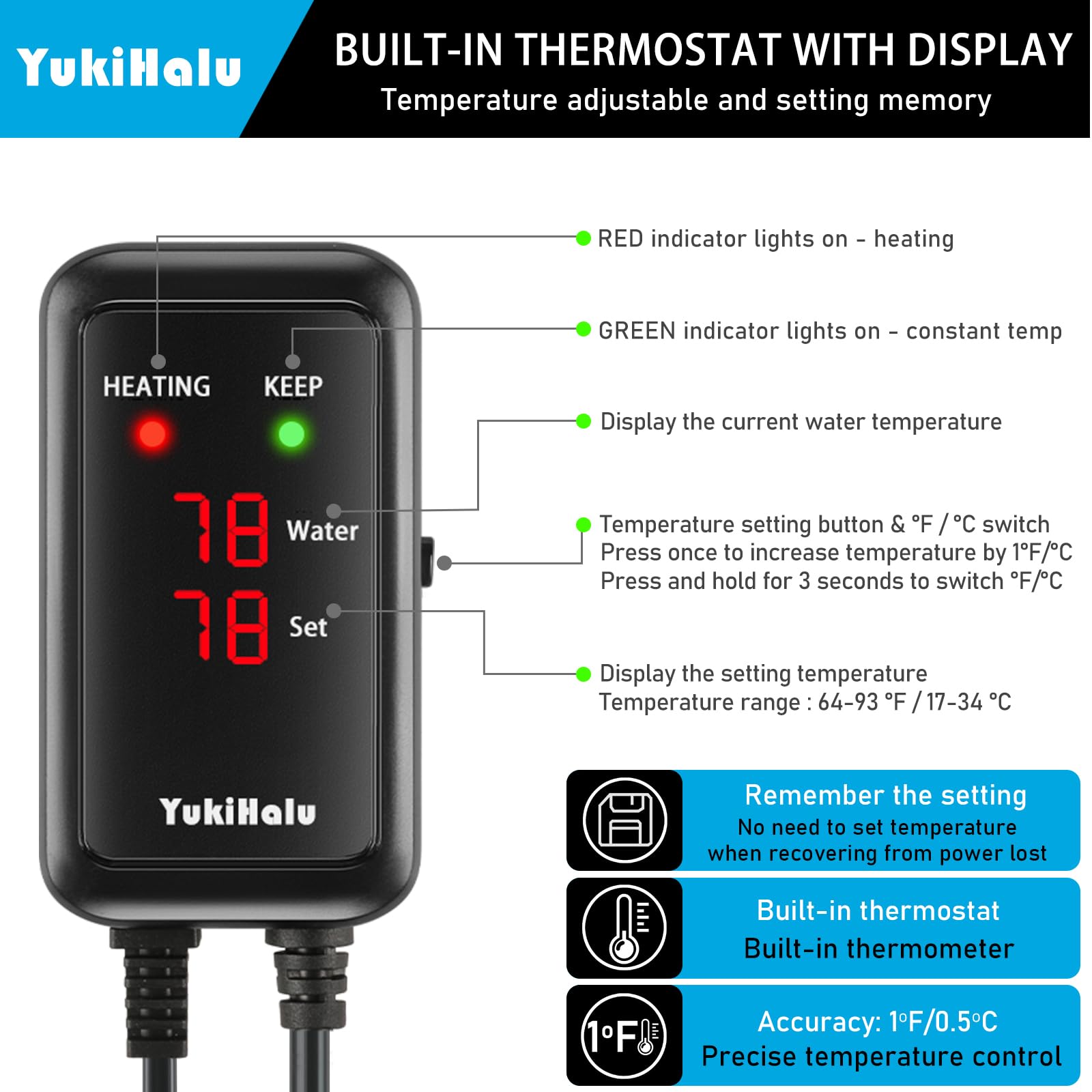 YukiHalu Aquarium Heater compatible with 10-120 gallon tanks for freshwater or saltwater