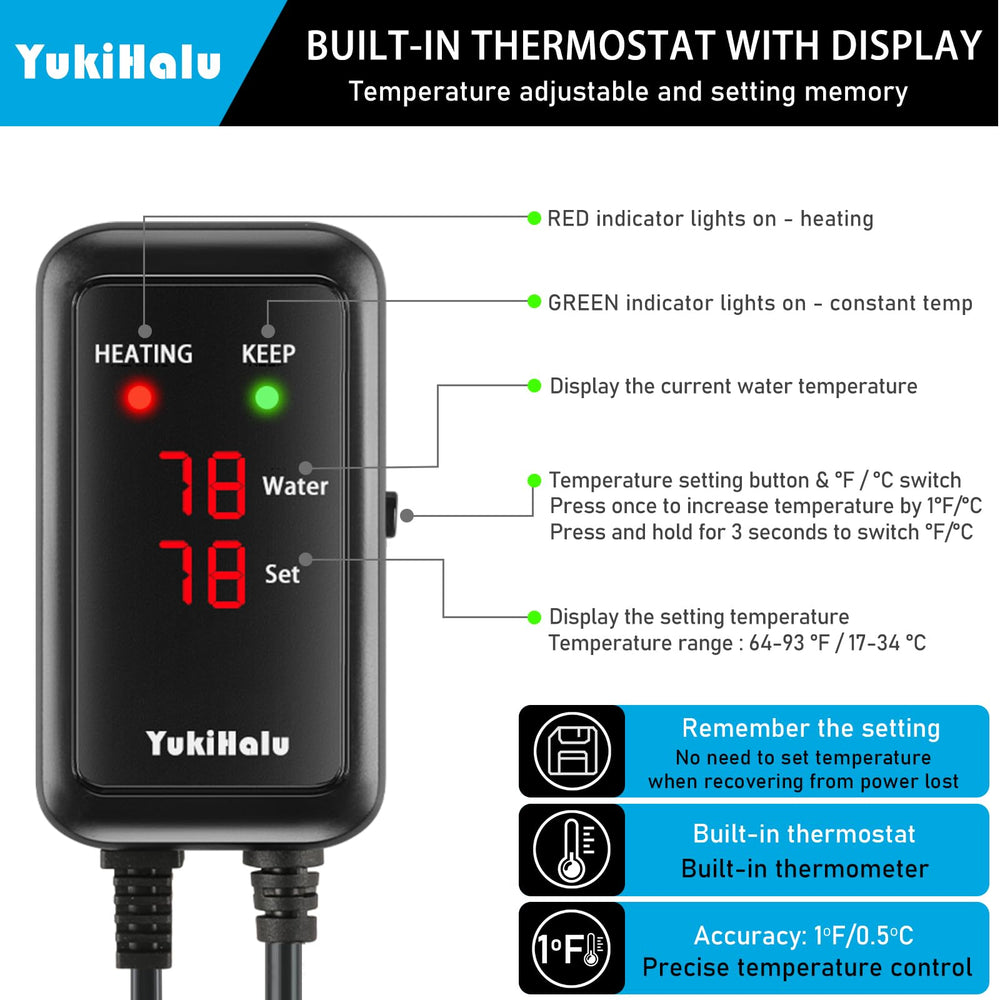 YukiHalu Aquarium Heater compatible with 10-120 gallon tanks for freshwater or saltwater