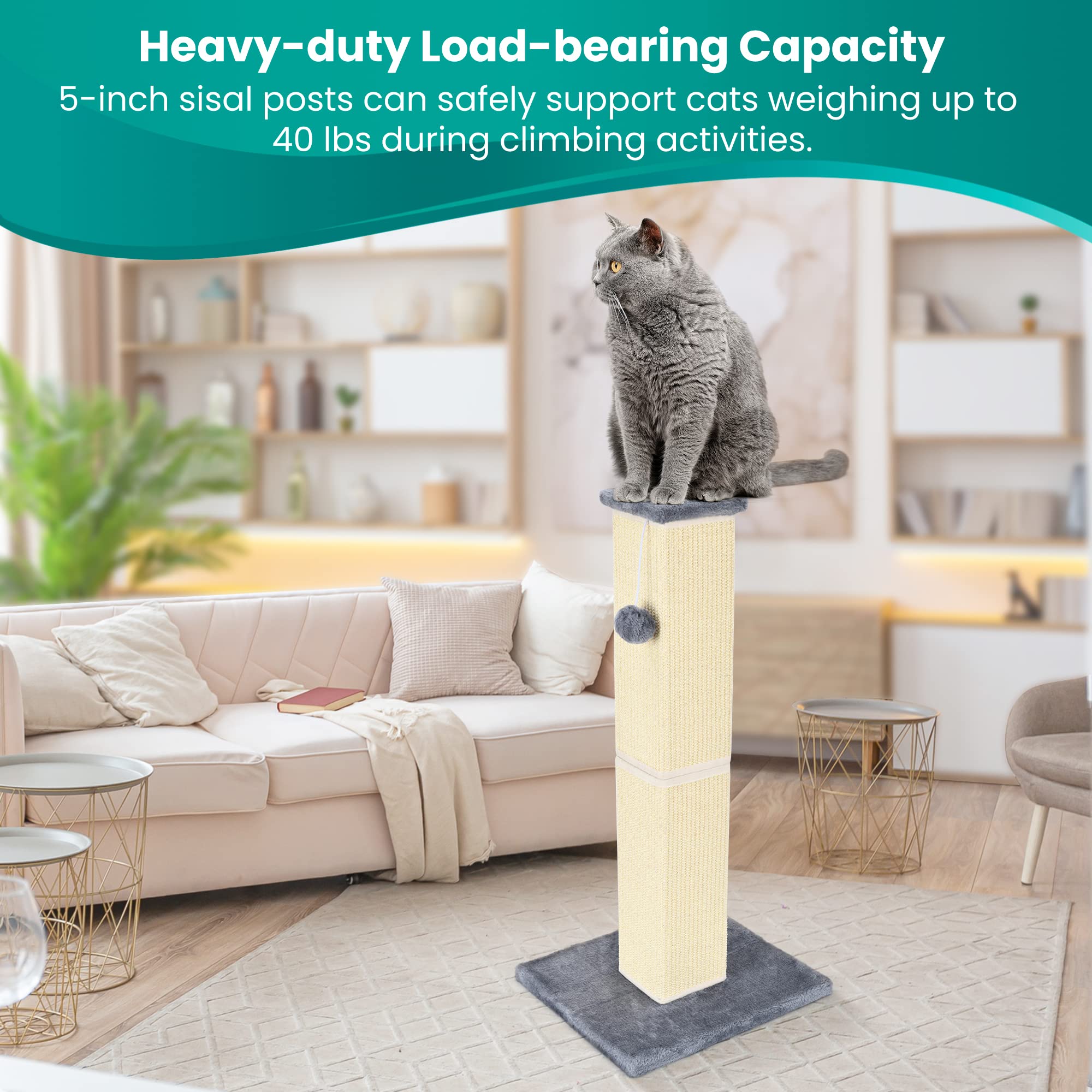 YULOYI grey scratching post in-use demonstrates cat comfort and stretching.