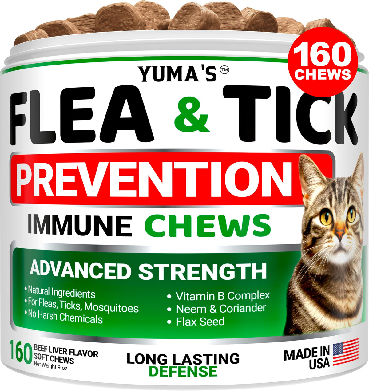 YUMA'S cat flea chews bottle showcases natural protection for cats.