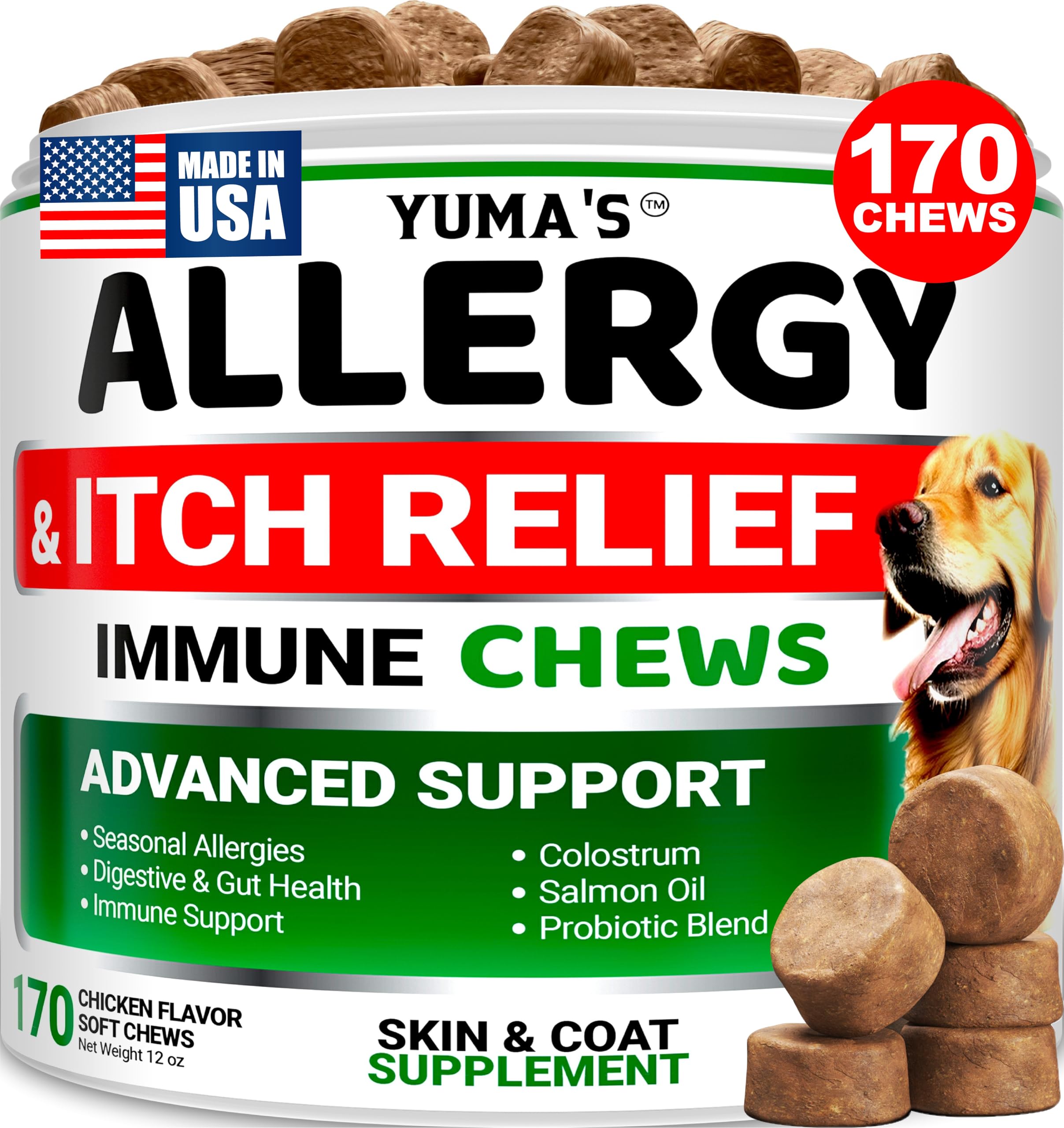 YUMA'S Dog Allergy Relief Chews bottle showcases 170 treats for itchy skin support.