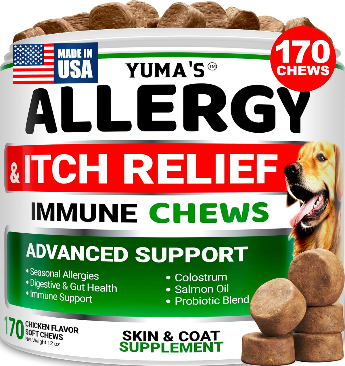 YUMA'S Dog Allergy Relief Chews bottle showcases 170 treats for itchy skin support.