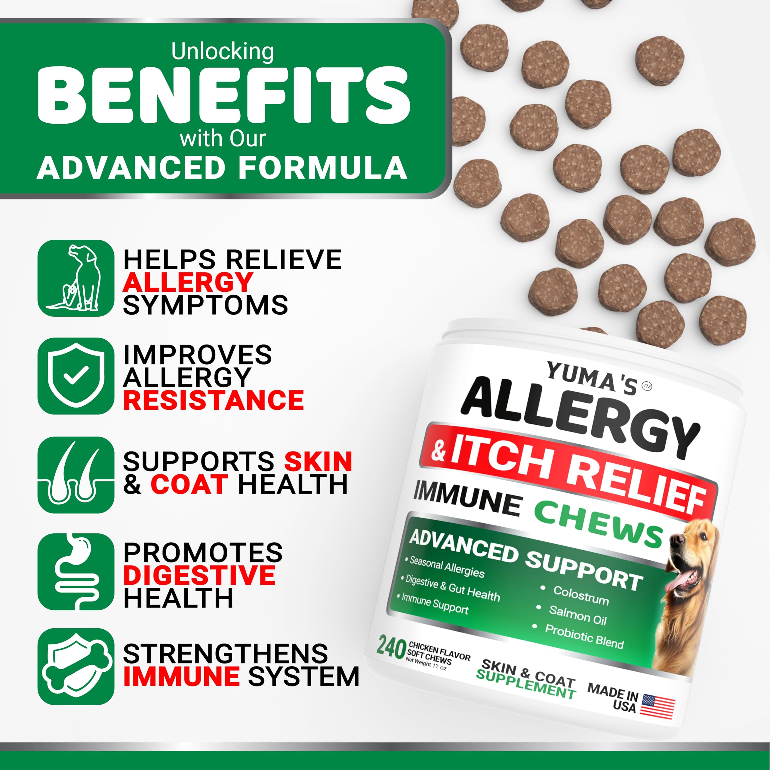YUMA'S Dog Allergy Relief Chews closeup shows chewy texture for easy daily administration