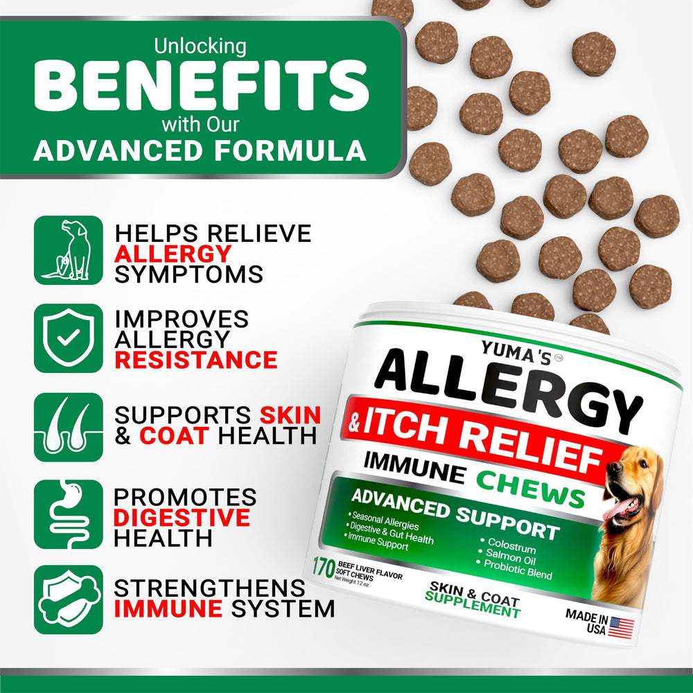 YUMA'S Dog Allergy Relief Chews closeup highlights beef liver flavor and chewy texture.