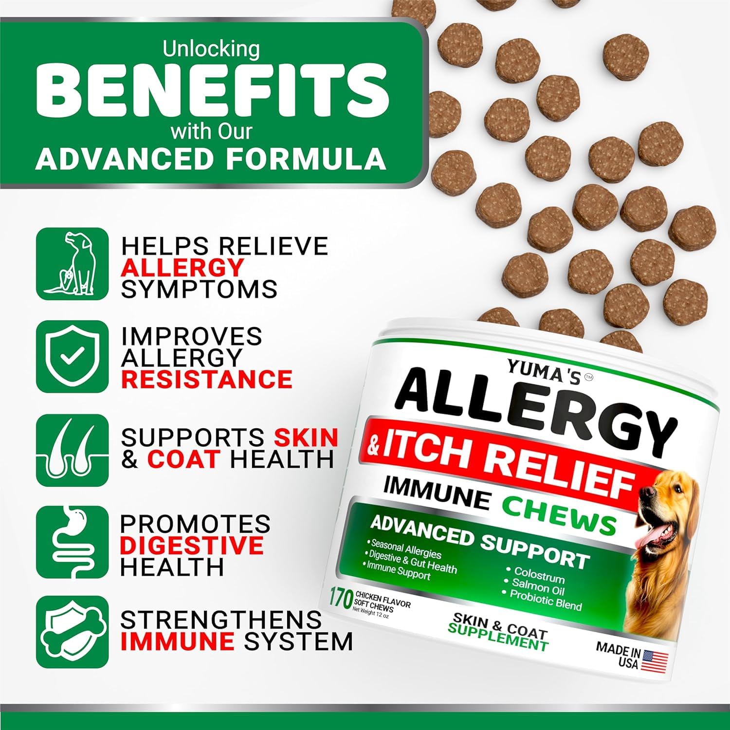 YUMA'S dog allergy relief chews closeup shows texture and skin-supporting ingredients