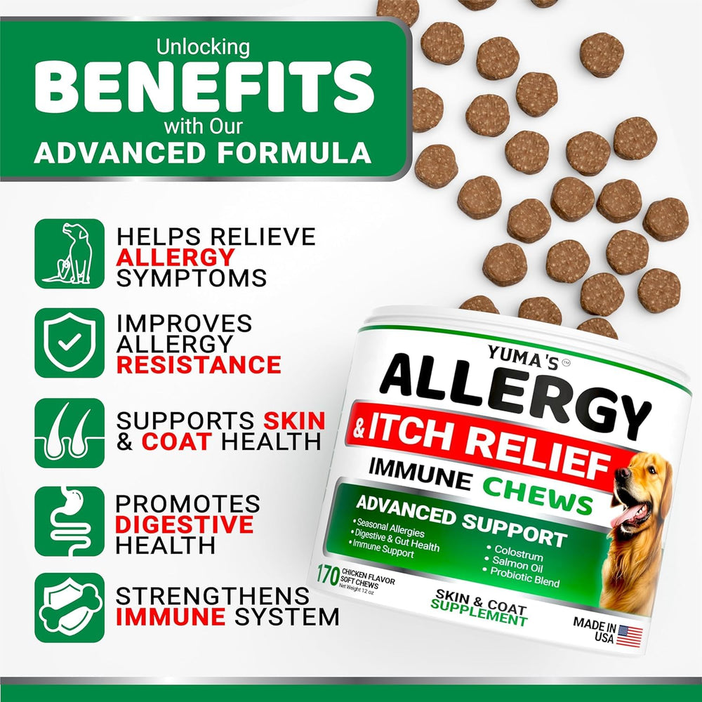 YUMA'S dog allergy relief chews closeup shows texture and skin-supporting ingredients