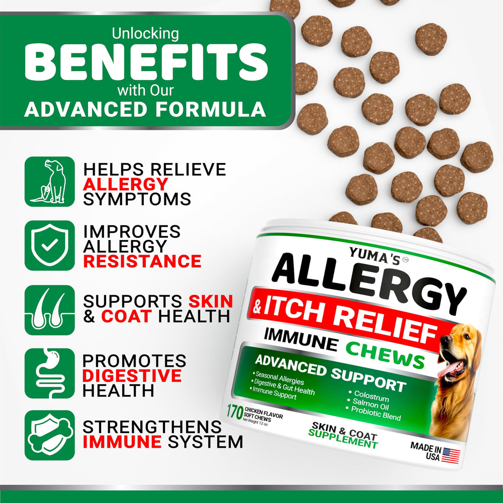 YUMA'S Dog Allergy Relief Chews close-up reveals chewy texture for easy daily use.