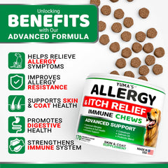 YUMA'S Dog Allergy Relief Chews close-up reveals chewy texture for easy daily use.
