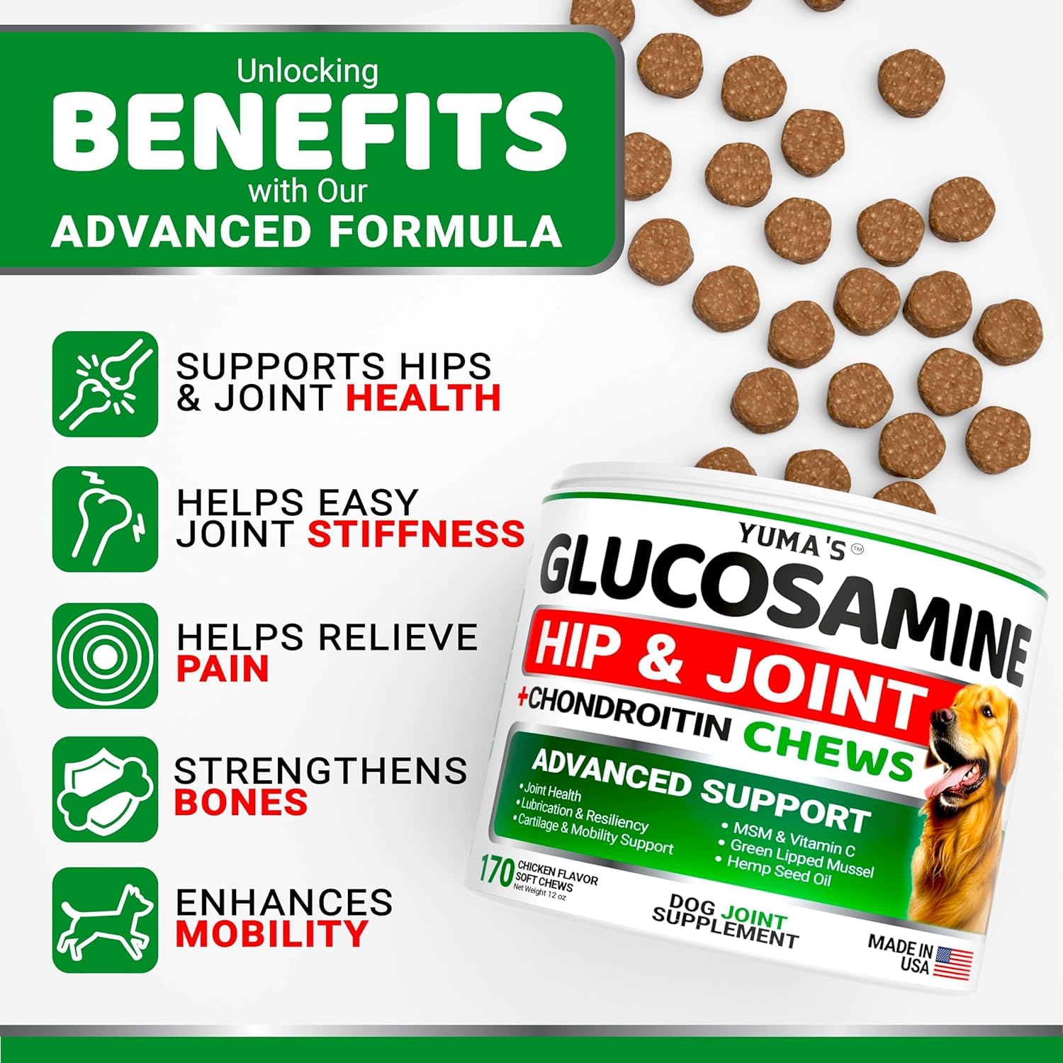 YUMA'S dog joint supplement chews pack supports mobility and daily activity.