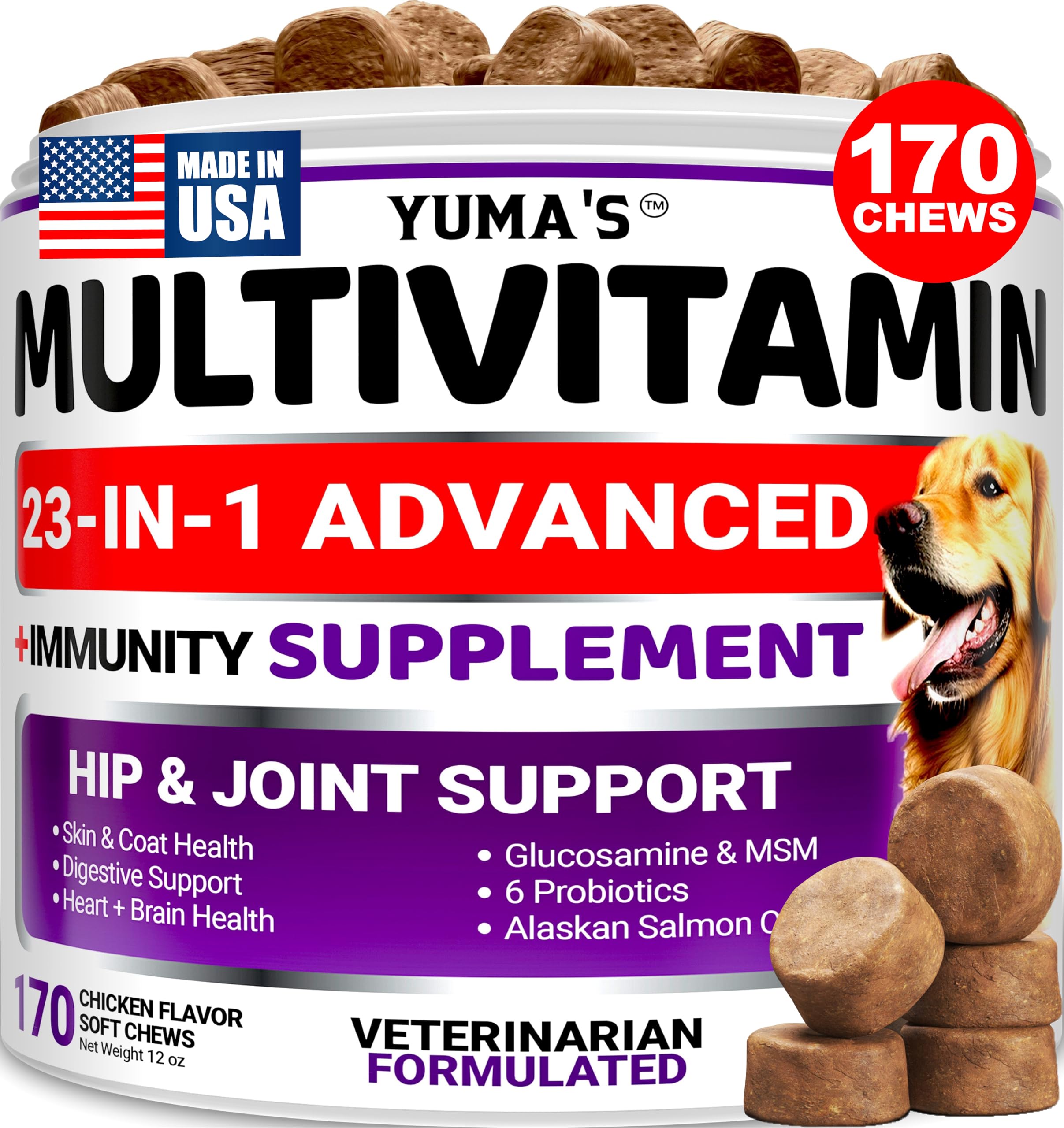 YUMA'S dog multivitamin chewables front bottle for overall canine wellness.